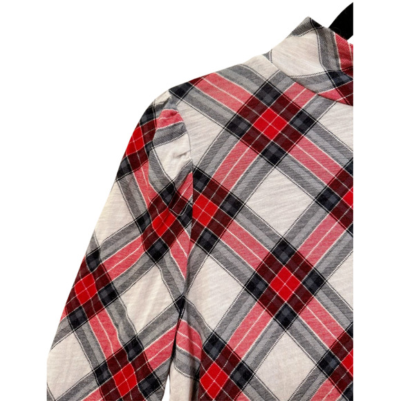 LOFT Women's Red Black Diamond Plaid Stretch Mock Neck Top Lightweight Small - Picture 2 of 10